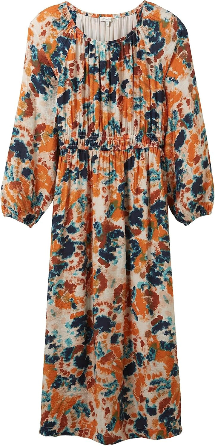 TOM TAILOR Damen Maxikleid mit Raffung 44 32367-grey Orange Tie Dye Floral, 44 32367-grey Orange Tie