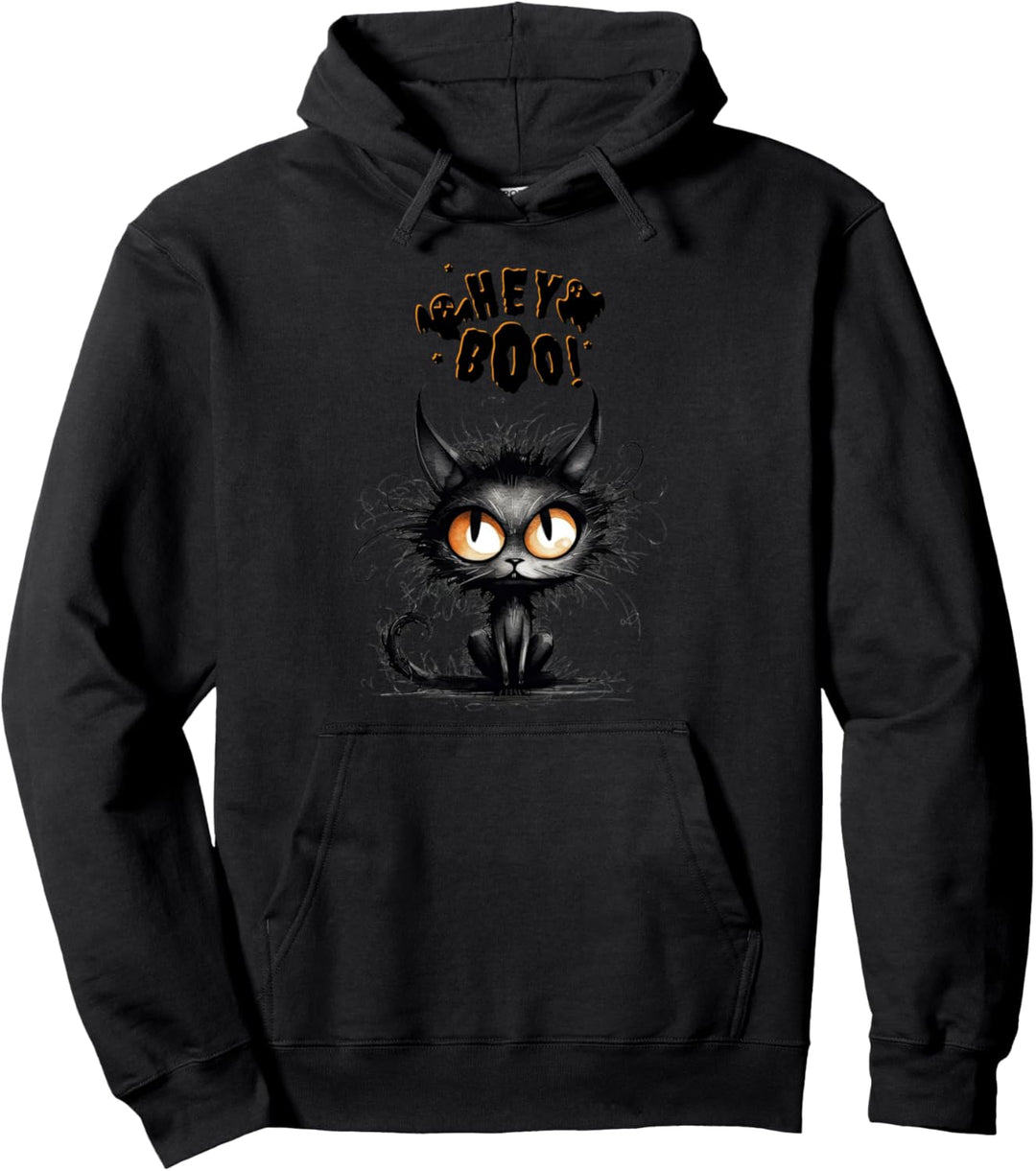 Hey Boo Black Cat Ghost Halloween Pullover Hoodie