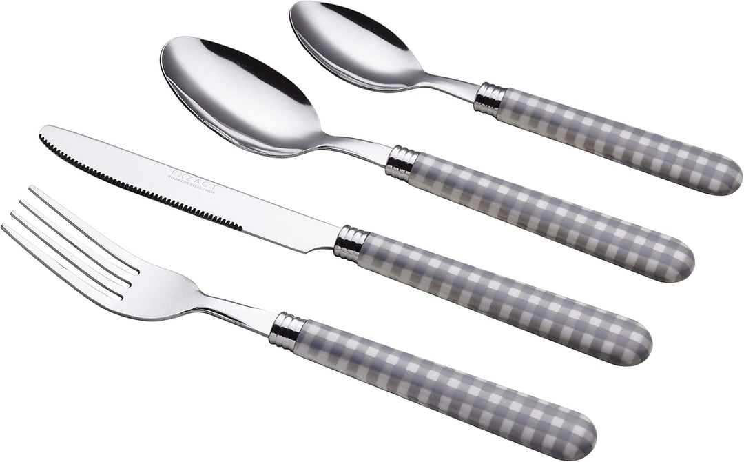 EXZACT Edelstahl-Besteck Set 24 Stück - Gingham Farbige Griffe - 6 x Tafelgabeln, 6 x Tafelmesser, 6