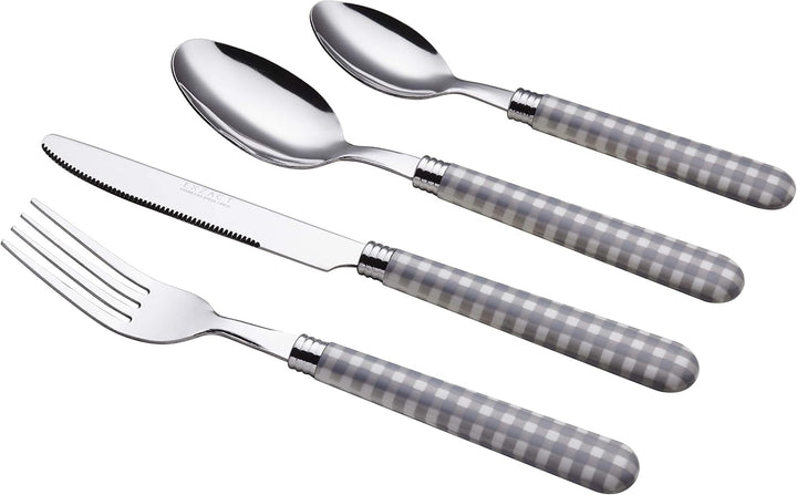 EXZACT Edelstahl-Besteck Set 24 Stück - Gingham Farbige Griffe - 6 x Tafelgabeln, 6 x Tafelmesser, 6