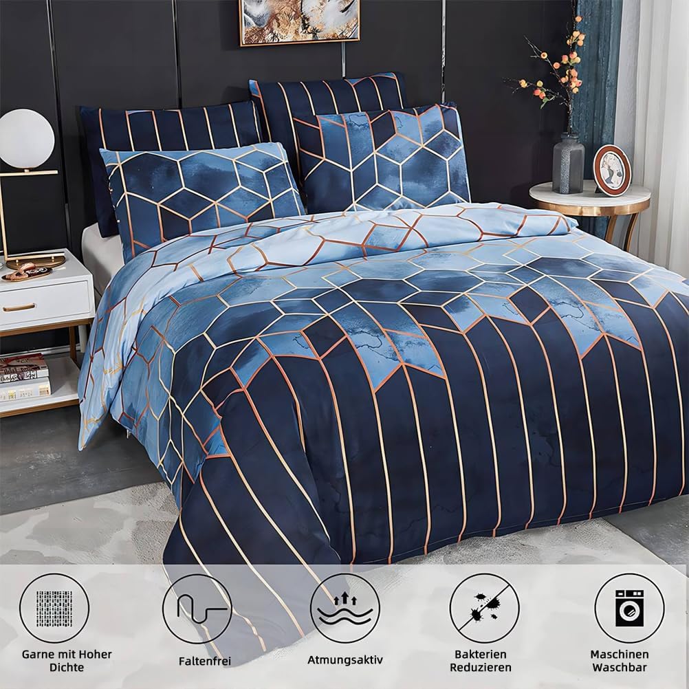 Freyamy Bettwäsche 220x240 cm 3 Teilig Blau Kariert Marmor Wendebettwäsche Geometrische Modern Micro