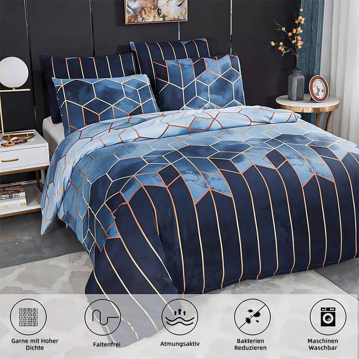 Freyamy Bettwäsche 220x240 cm 3 Teilig Blau Kariert Marmor Wendebettwäsche Geometrische Modern Micro