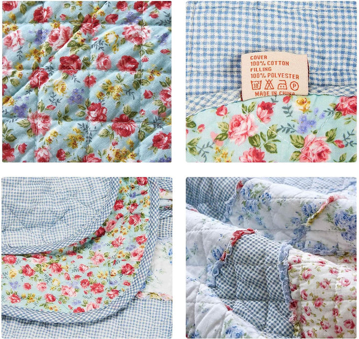 VIVILINEN Blaue Baumwolle Patchwork Quilt Gesteppte Tagesdecke Überwurf Decke für Couch Twin Grösse