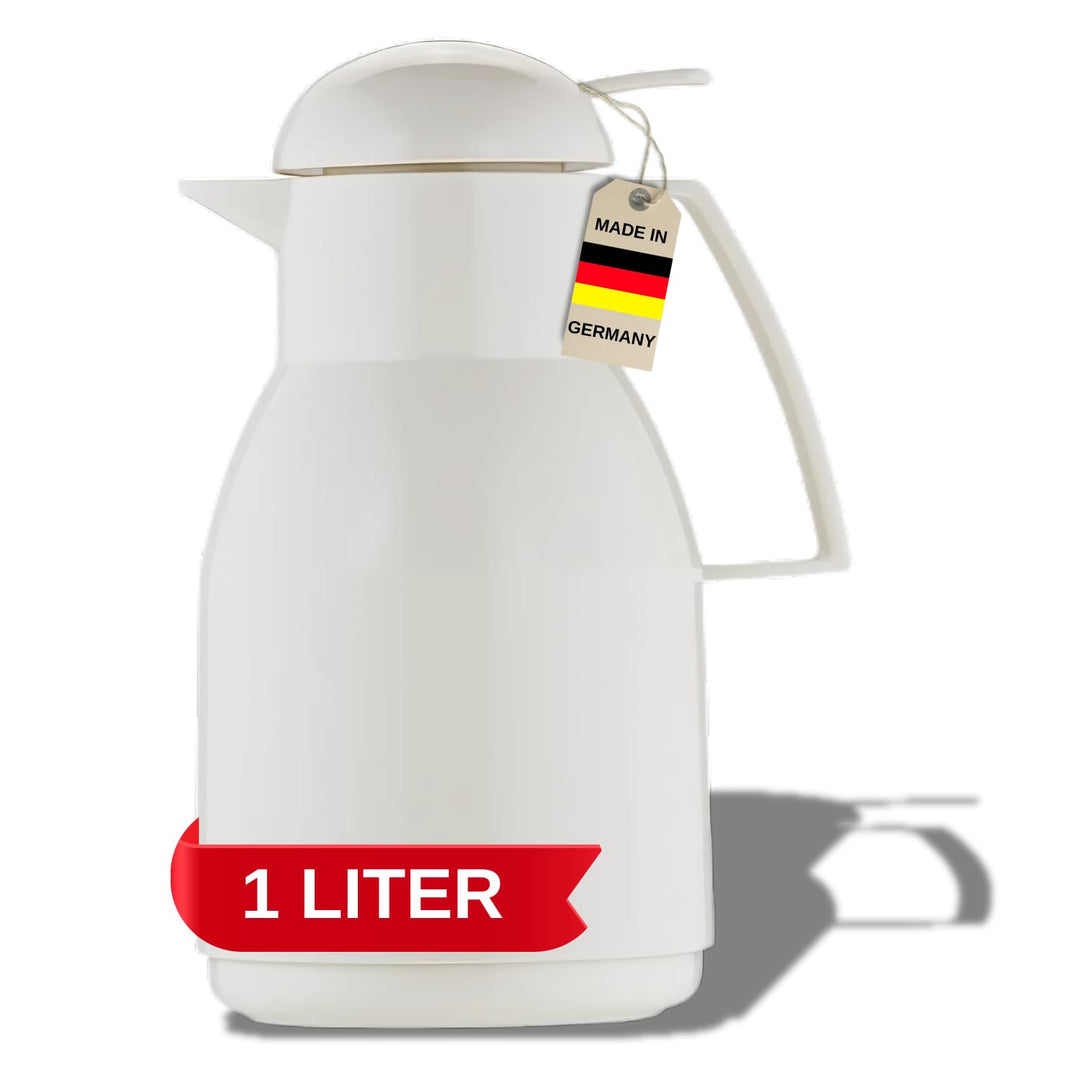 Helios Top Push Thermoskanne Weiss 1L – 6h Heiss - Hält Getränke heiss &amp; kalt – Einhandbedienung – E