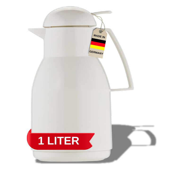 Helios Top Push Thermoskanne Weiss 1L – 6h Heiss - Hält Getränke heiss &amp; kalt – Einhandbedienung – E