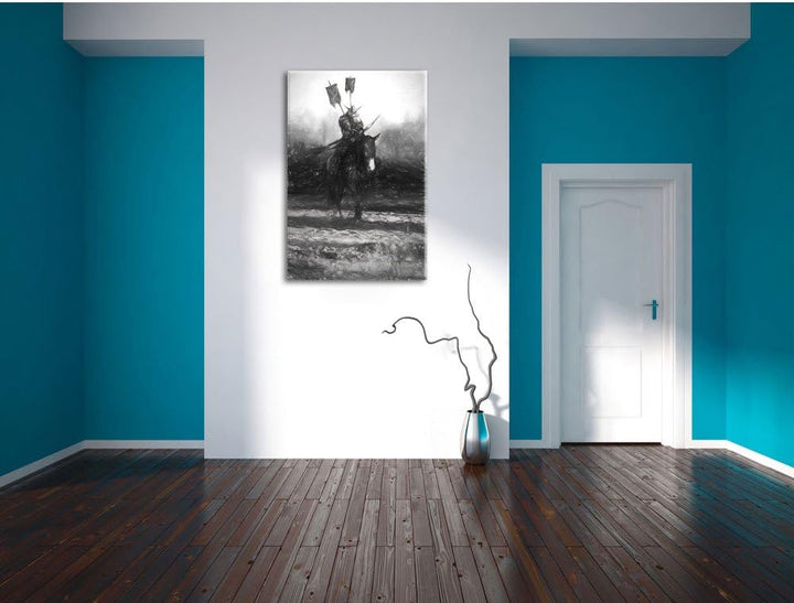 Pixxprint Samurai Krieger auf einem Pferd Kunst Kohle Effekt, Format: 100x70 auf Leinwand, 100x70