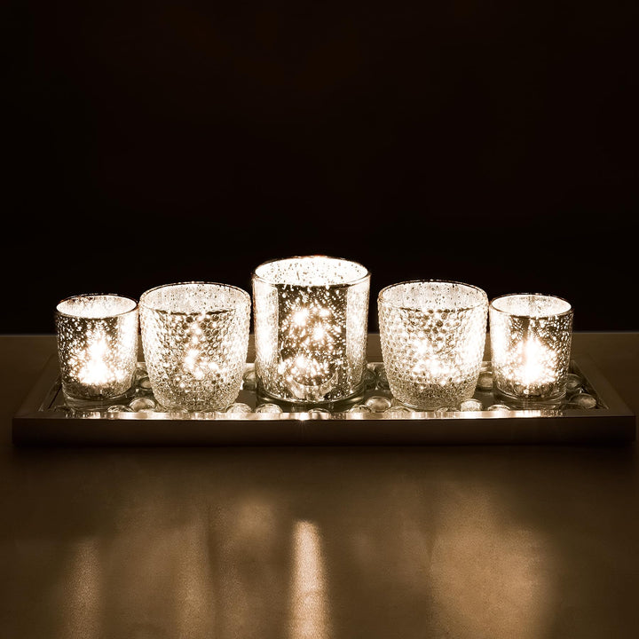 Toptime Teelichthalter Set, 5 Stück Kerzenhalter Glas mit Tablett und Glasstein, Romantische Silbern