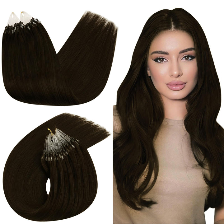 Ugeat Extensions Echthaar Microring 40 cm Braun Seidig Microring Extensions Echthaar Schokobraun für