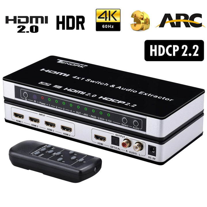 Tendak HDMI 2.0 Switch 4 Port HDMI Umschalter 4K HDMI Verteiler HDMI Schalter 4 auf 1 mit Optisch un