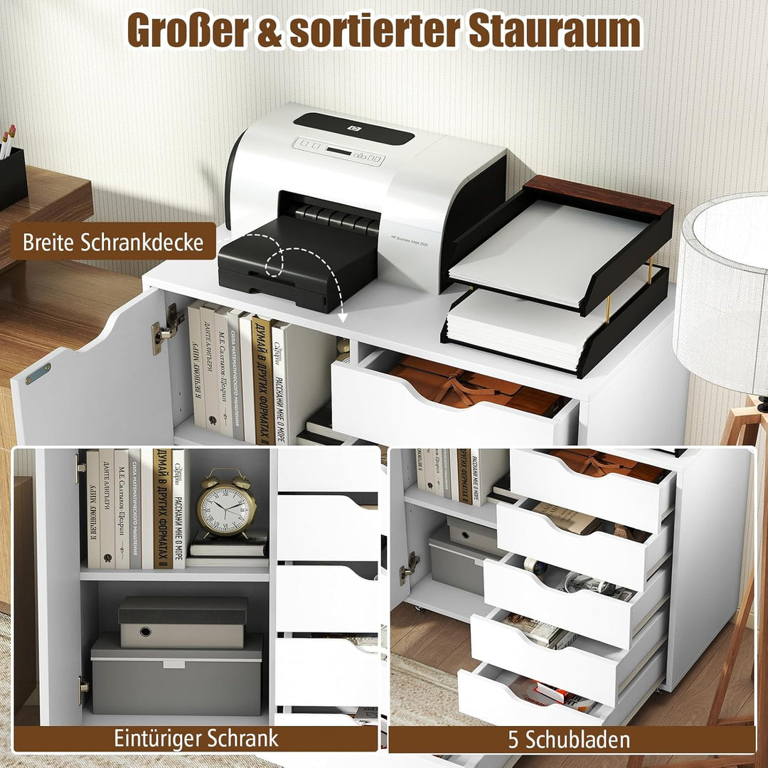 COSTWAY Rollcontainer mit 5 Schubladen, mobiler Aktenschrank mit Tür, Arbeitsplatte & Rollen, Rollwa