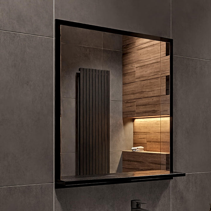 Badspiegel mit Ablage Schwarz - H:70 x B: 60 cm - Bathroom Mirror - Moderner Badezimmer Spiegel Rech