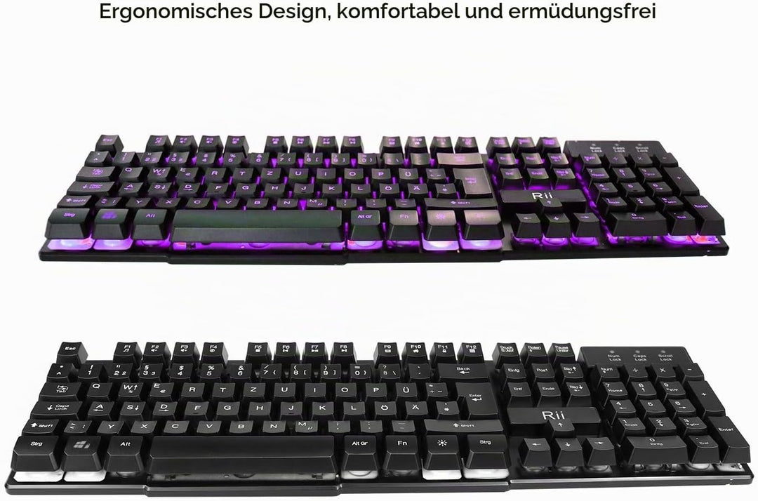Rii RK100 Gaming Tastatur (105 Tasten, 3 Farben LED-Hintergrundbeleuchtung, QWERTZ Layout) Schwarz