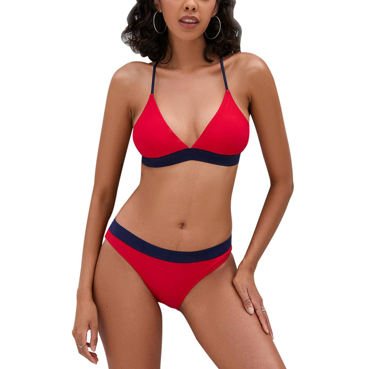 iSLASISIA Damen Bikini Set, Triangel, breites Unterbrustband, Bademode, Badeanzug 36 Rot + Blau, 36