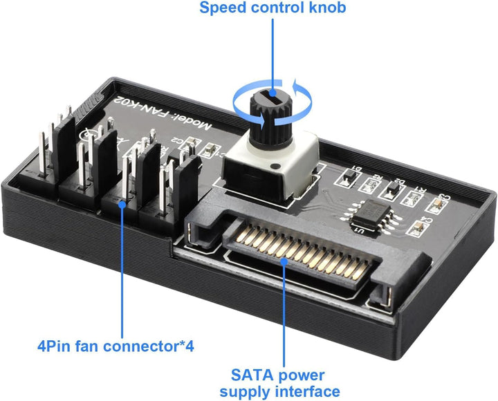 12V 4Pin PWM-Lüftergeschwindigkeitsregler, unterstützt 4 Lüfter, PC-Lüfter-Hub mit SATA-Stromversorg