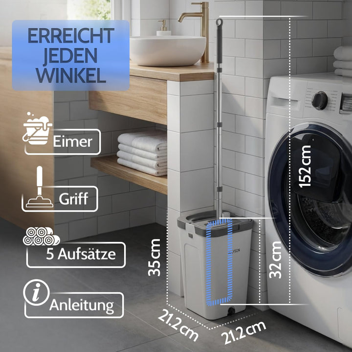 Allyson® Wischmopp Set Bodenwischer inkl. 5 Mops, 3-Kammer Wischmopp Set mit Eimer, Mob Wischer mit