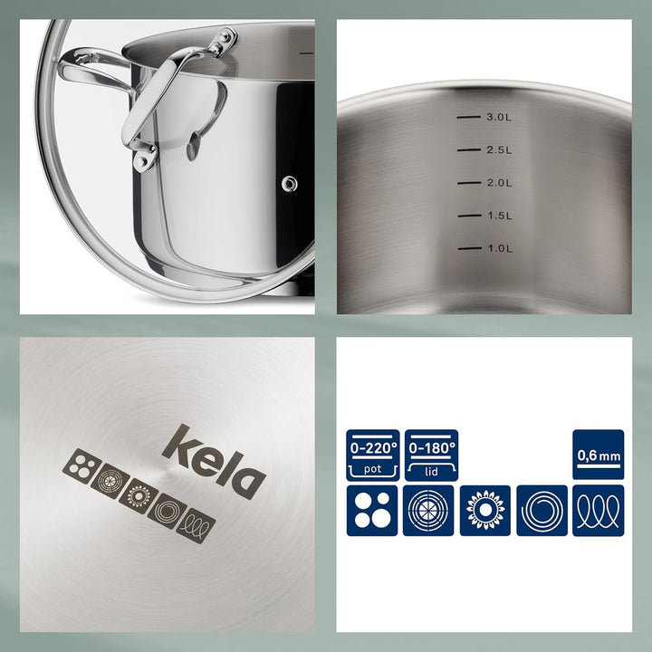 kela Fleischtopf 24 cm FLAVORIA, Kochtopf Induktion 5,5 L, Glasdeckel mit Dampfauslassventil, Innens