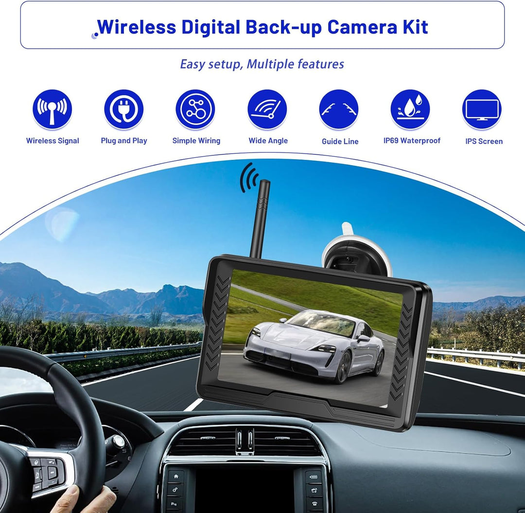 Hikity AHD Wireless Rückfahrkamera mit 5-Zoll-LCD-Display und IP69-Wasserdichtigkeit, Rückfahrkamera