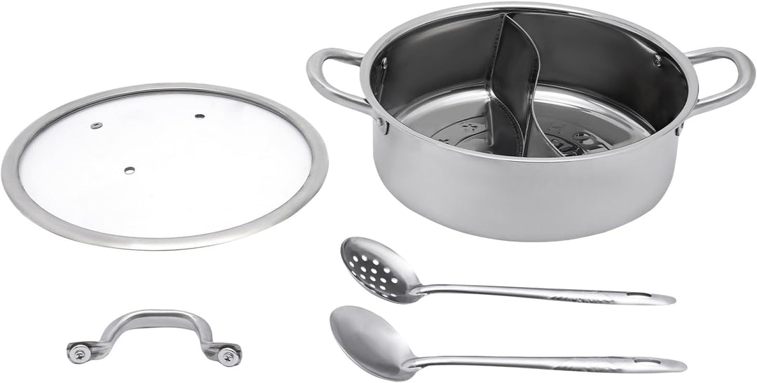 Hot Pot Edelstahl Hotpot Topf mit Glasdeckel, Suppenkelle & Sieb, Chinesischer Hot Pot Fondue Edelst