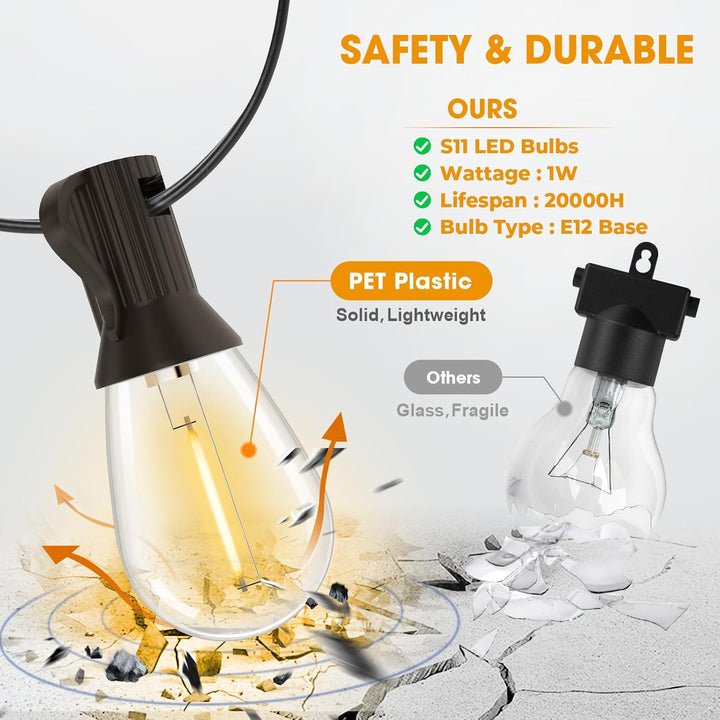 50FT LED-Aussen-Schnurleuchten, 16 bruchsichere wasserdichte S14-austauschbare Glühbirnen (1 Ersatz)