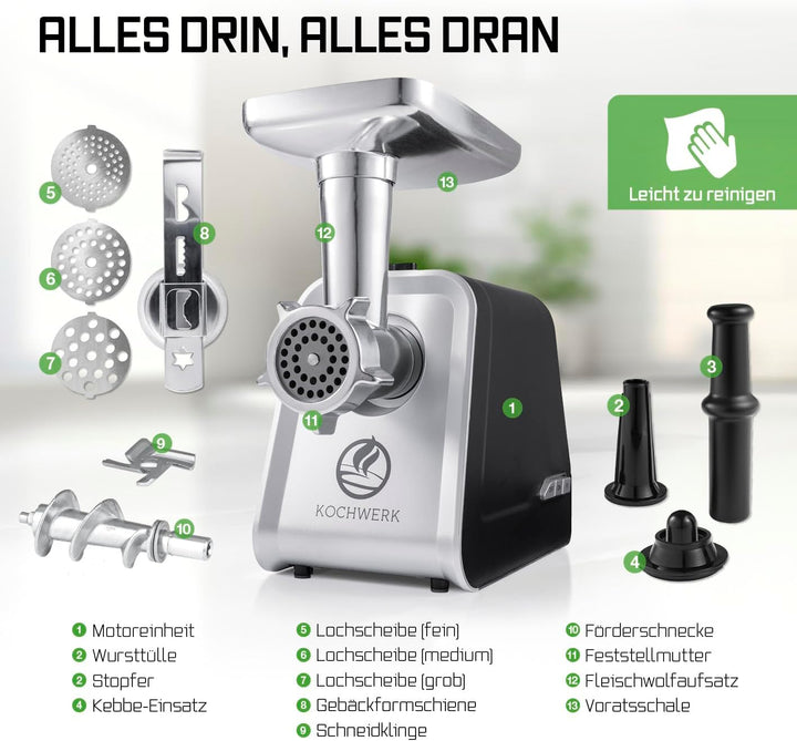 KOCHWERK elektrischer Fleischwolf mit Spritzgebäckvorsatz | verarbeitet bis zu 2000g/min | Hackfleis