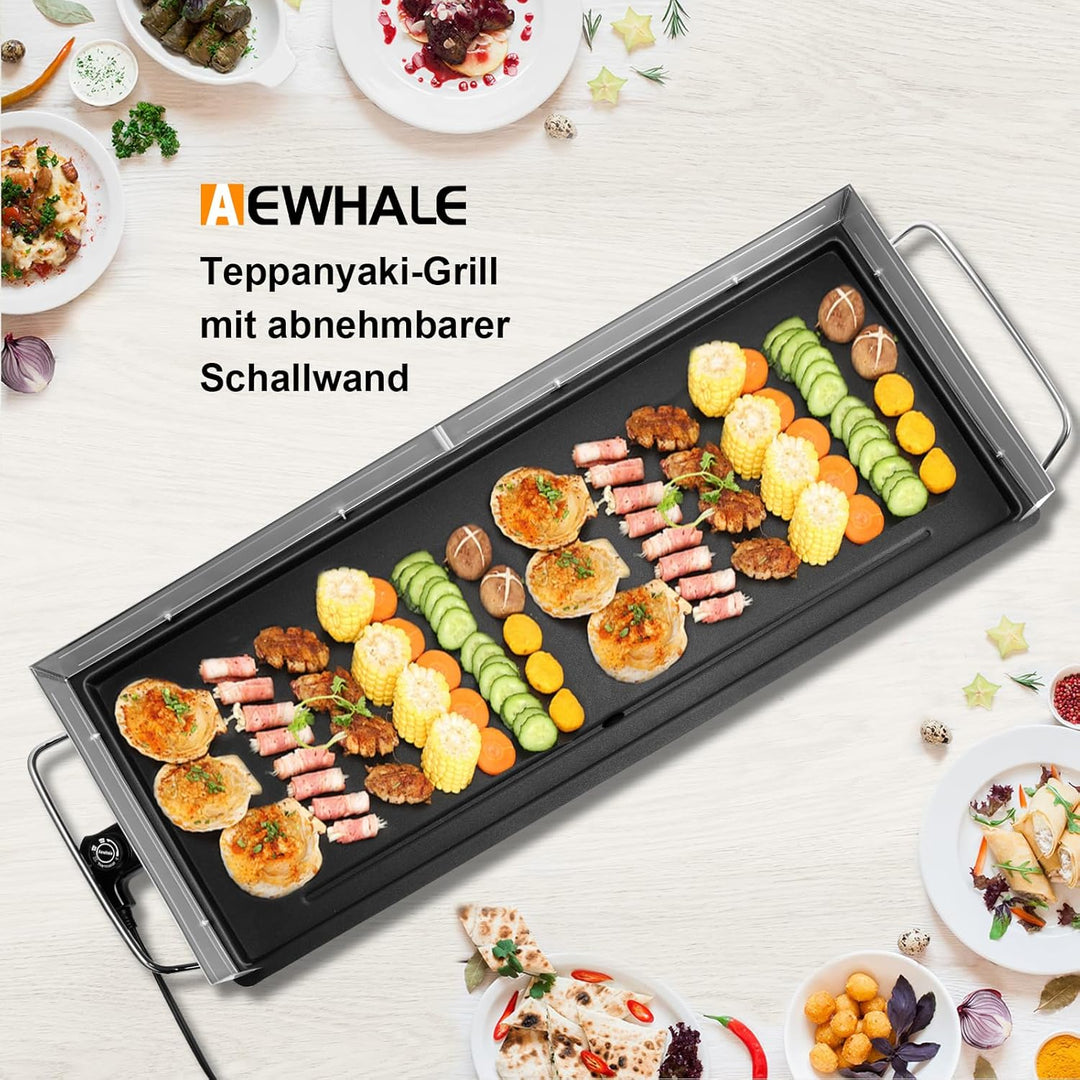 AEWHALE Tischgrill Elektrisch,XXL Plancha-Teppanyaki Grillplatte 2400W mit Wind-/Spritzschutz aus Ed