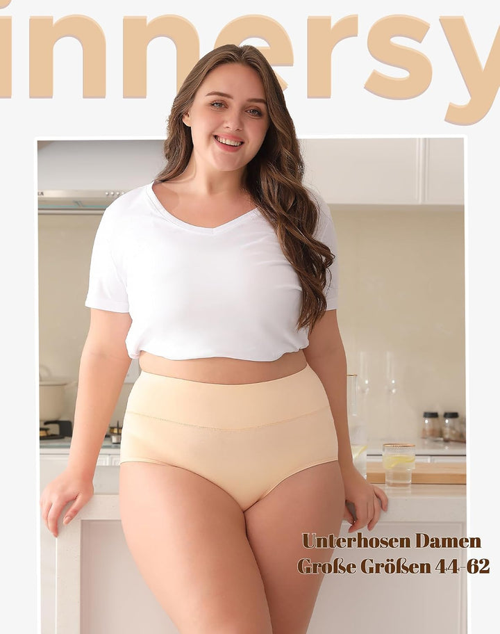 INNERSY Unterhosen Grosse Grössen Damen Taillenslip Baumwolle High Waist Slip (44-62) 4er Pack, Beig