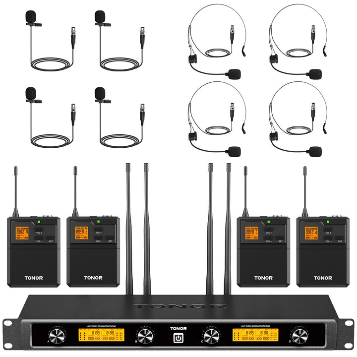 TONOR 4-Kanal UHF Mikrofon Kabellos Set mit 4 Bodypack Transmitter/Headset/Lavalier Wireless Microph