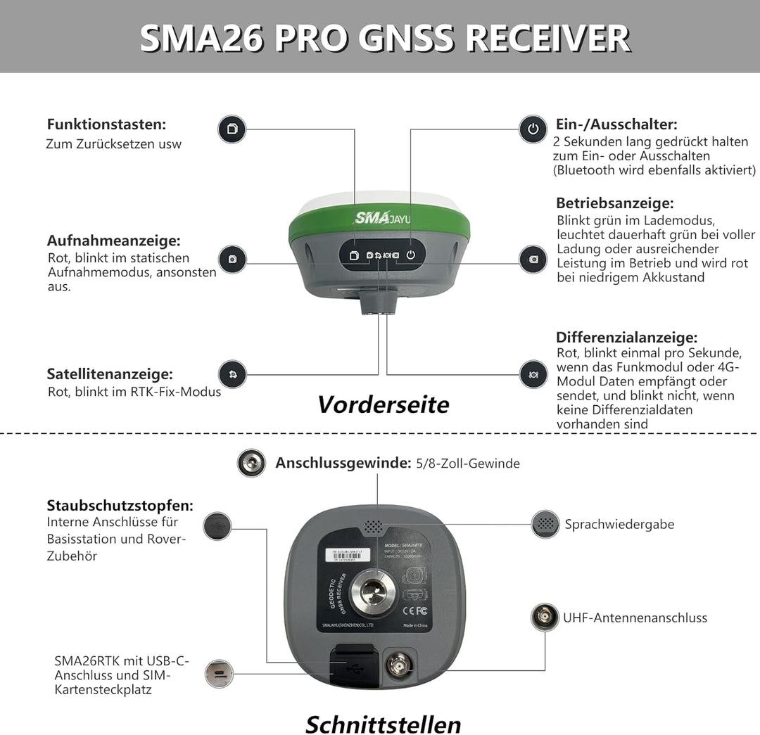 SMA26 Pro Rover RTK GNSS-Vermessungssystem mit Handkollektor, GNSS-Empfänger, Neigungskompensation,