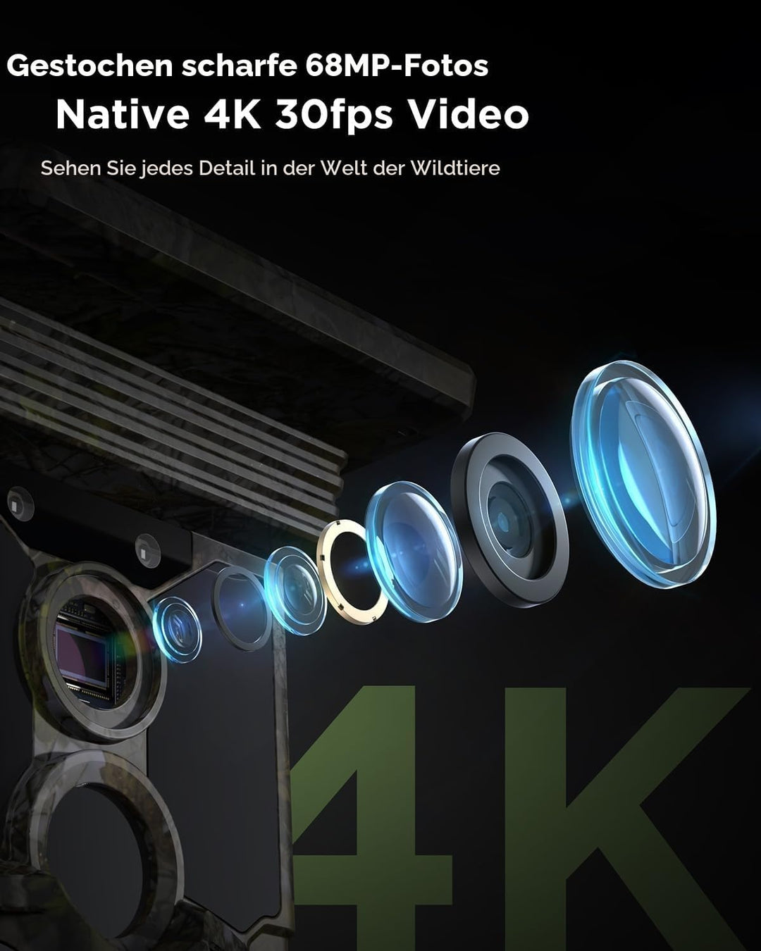 CEYOMUR Solar Wildkamera mit Handyübertragung App, 4K 68MP UHD Wildkamera WLAN mit 5200mAh Akku, Wil