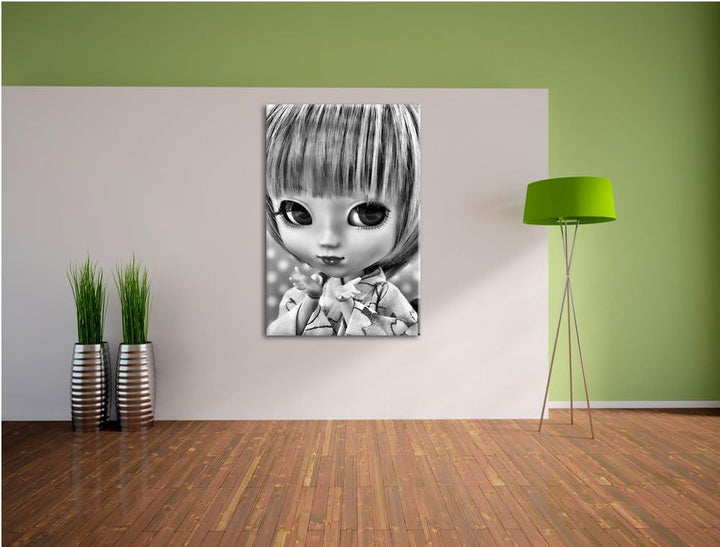 Pixxprint Monocrome, kleine Puppe im traditionellen Kimono, Format: 100x70 auf Leinwand, 100x70