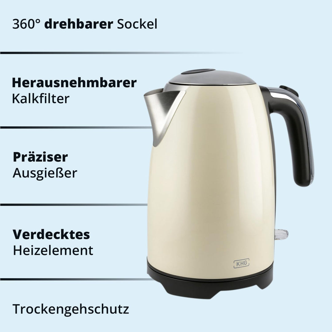 KHG Frühstücksset Wasserkocher &amp; Toaster Creme Beige Retro Vintage, Kapazität 1,7 Liter &amp; 2 Toastsch