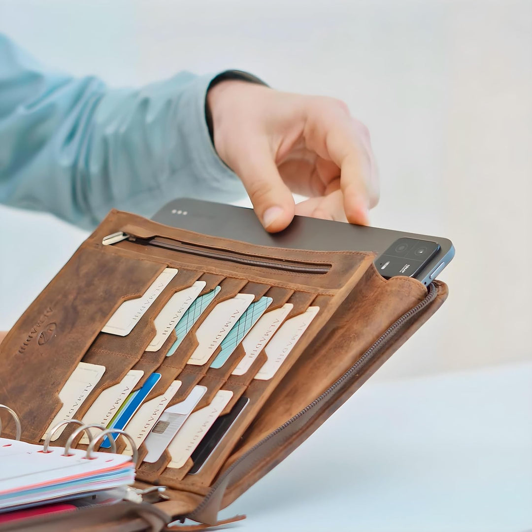 ALMADIH - Leder A5 Organizer mit Ringmechanik Reissverschluss, Kalender 2024 Schreibblock Premium Ri