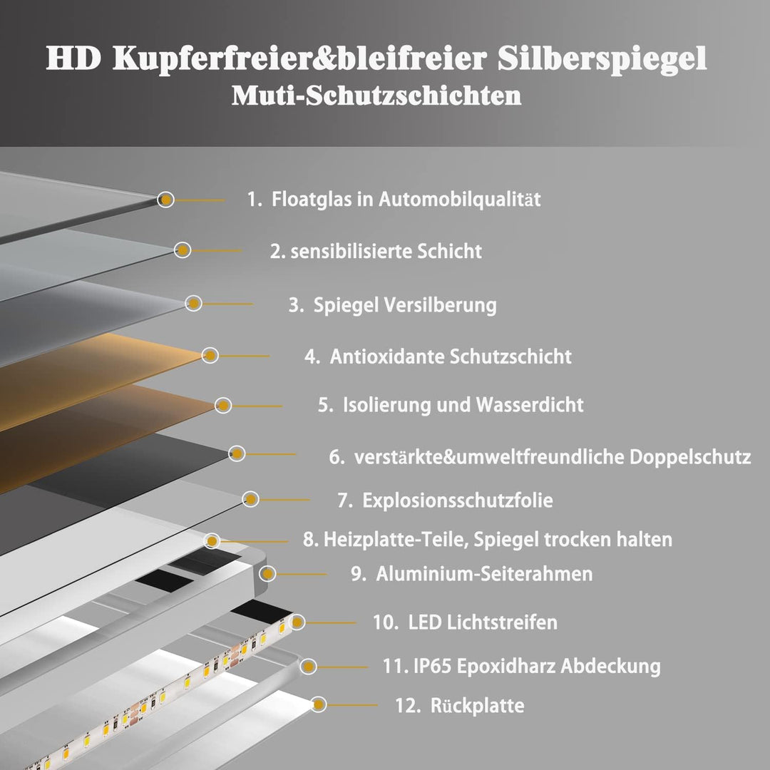 Badspiegel mit Sensor Schalter 120×70 cm Kalt/Neutral/Warmweiss, Beschlagfrei,dimmbar, Memory, eine