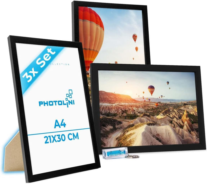 PHOTOLINI A4 Rahmen 21x30 MDF Holz Schwarz, 3er Set Bilderrahmen für Poster und Poster, bruchsichere