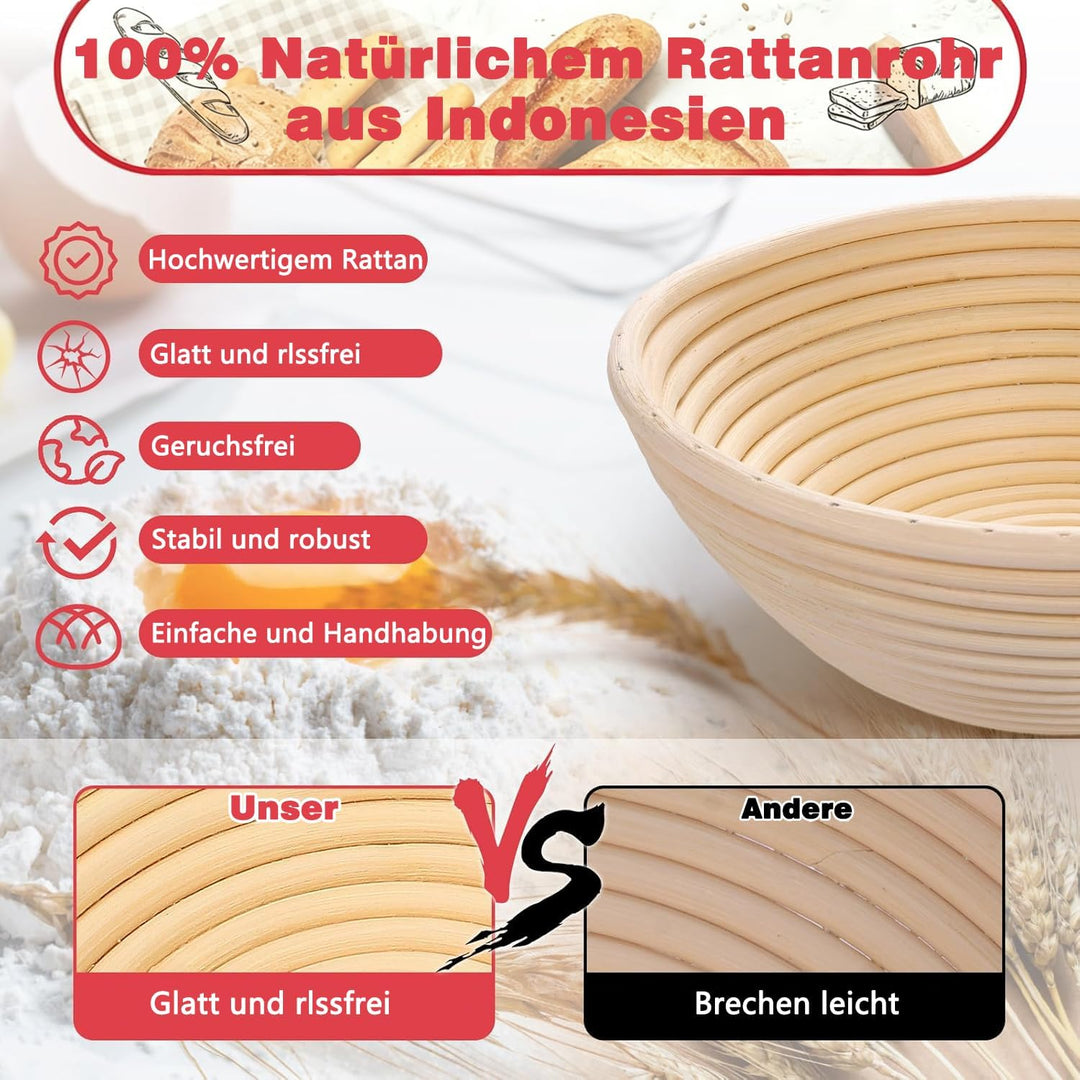 Sauerteig Starter Set, Gärkorb Brot Set mit 2 Gärkörbchen (23cm Runde &amp; 25cm Ovale), Rattan, 1000ml
