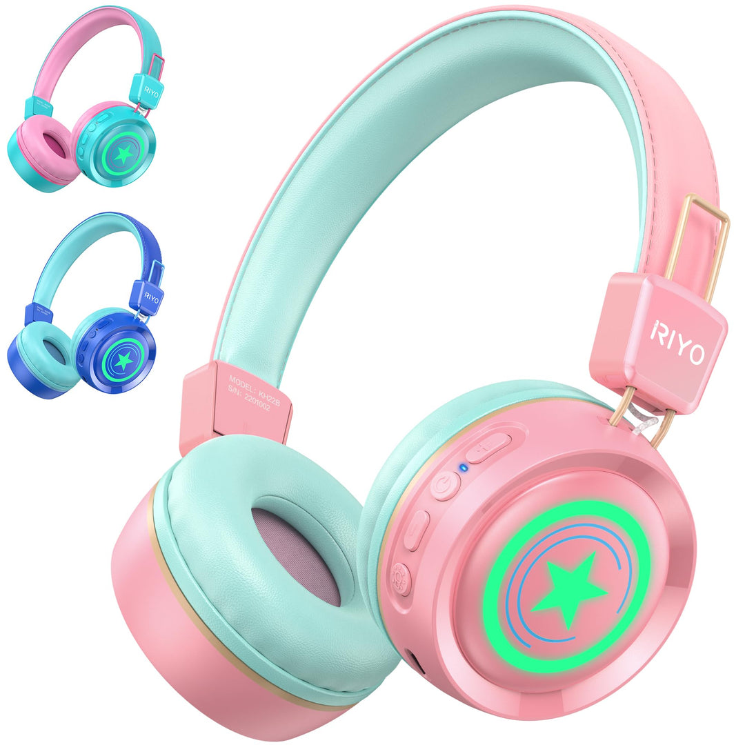 riyo Bluetooth Kopfhörer Kinder, Kinderkopfhörer Kabellos mit LED-Leuchten Bluetooth 5.0 Kinder Kopf