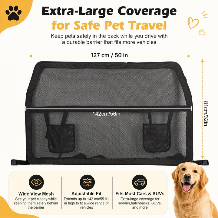 Hundegitter Auto Rücksitz & Kofferraum, 127 x 142 x 81 cm Hunde Schutznetz mit Verstärktem Sichtnetz