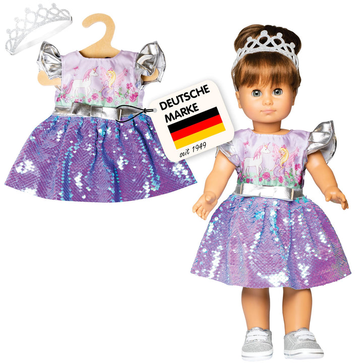 Heless 1131 - Kleid für Puppen im Design Fee und Einhorn, mit Wendepailletten und silberner Krone, G