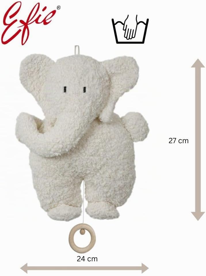 Efie Spieluhr Elefant aus Bio-Baumwolle (kbA), GOTS-zertifiziert, waschbar, handgefertigt, Made in G