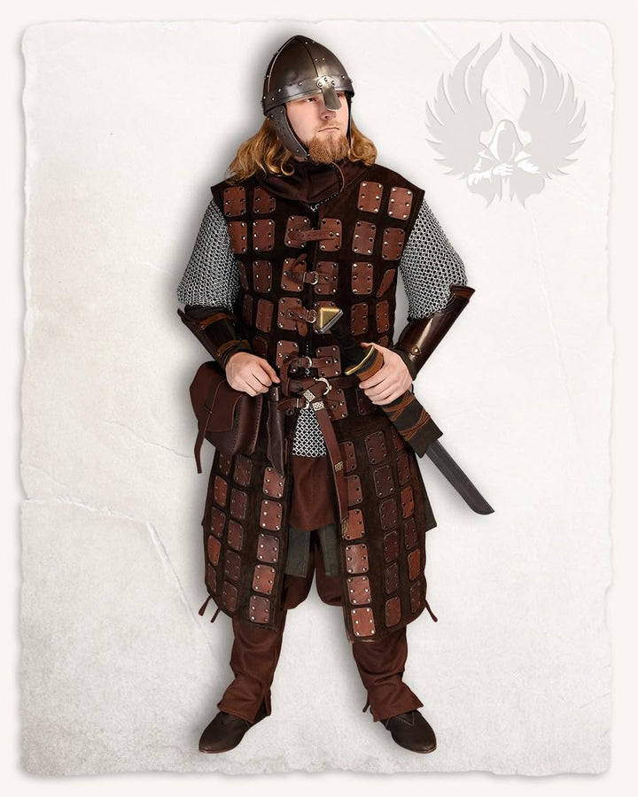 MYTHOLON Osric braune Lederbrigantine,XL-XXL, Lederrüstung mit seitlichen Schnürungen, Wildleder, Me
