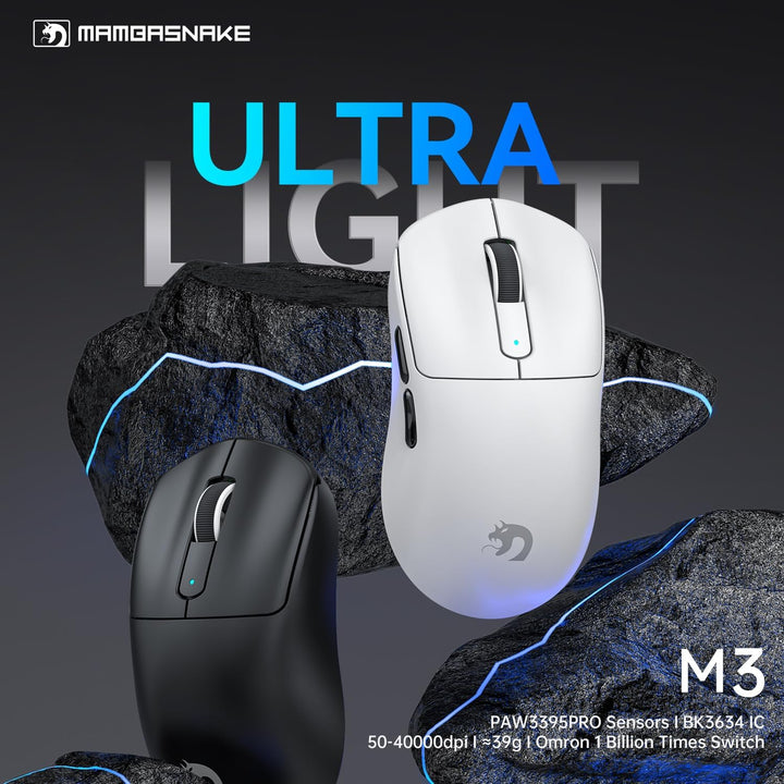 MAMBASNAKE M3 39g Superlight Mouse, PixArt PAW3395PRO Gaming Sensor, BT/2.4G Wireless/Wired Gaming M