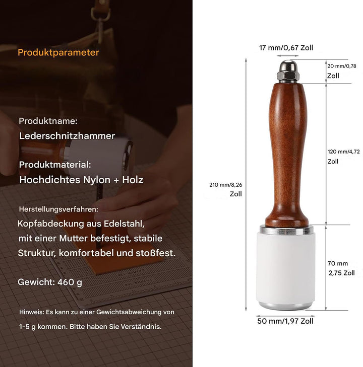 WUTA Lederhammer mit Holzgriff – Nylonhammer &amp; Gummihammer für Lederwaren, Lederschnitzerei, Punzarb