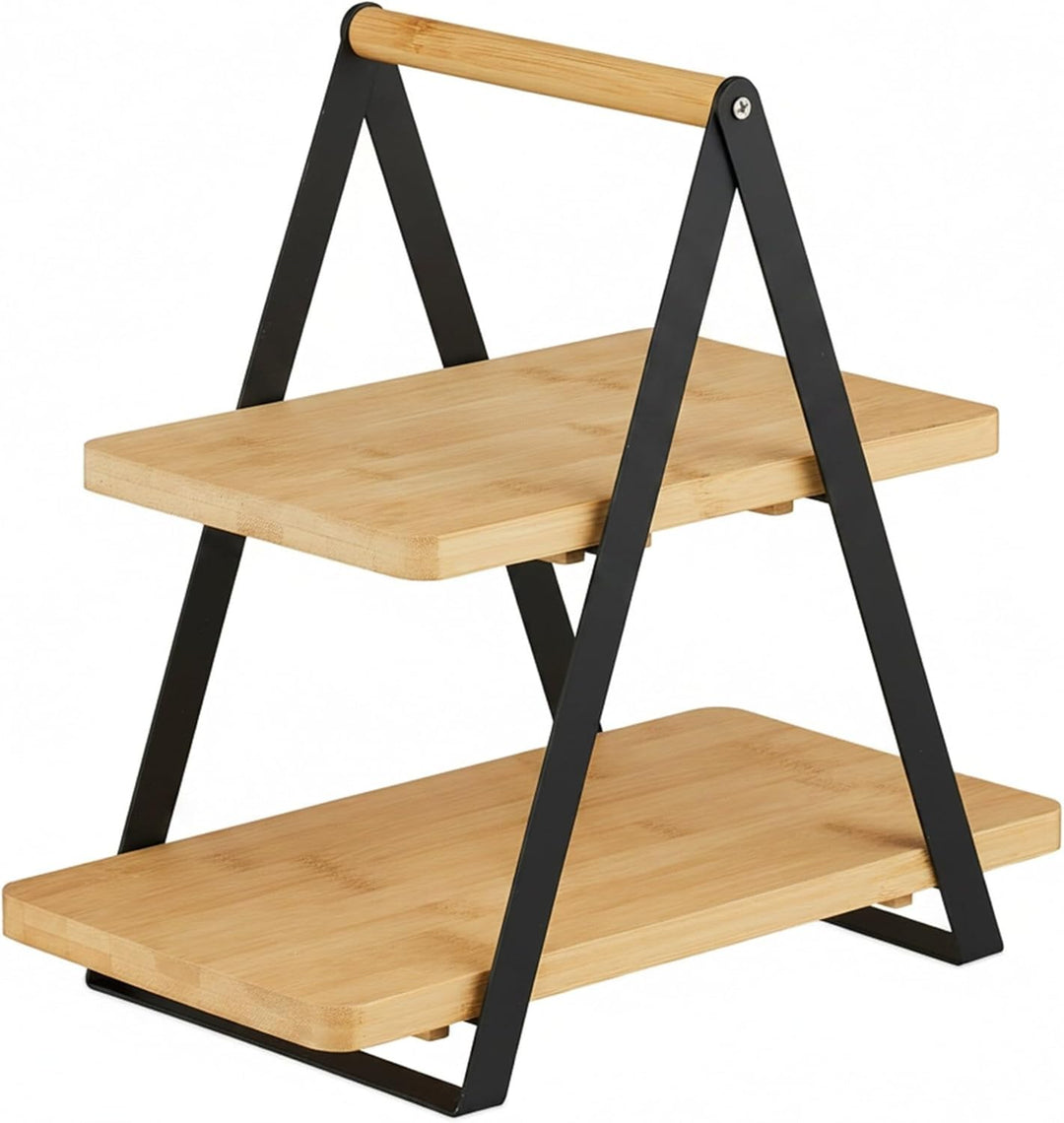 Relaxdays Etagere, 2 Etagen, Bambus, Metall, länglich, Griff, Kuchen, HBT 33 x 34 x 19 cm, Servierst