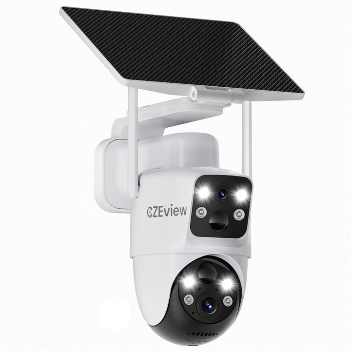 Überwachungskamera Aussen Solar, 4MP/2.4GHz WLAN Kamera Outdoor mit Dual Objektiv, Dual Bewegungsmel