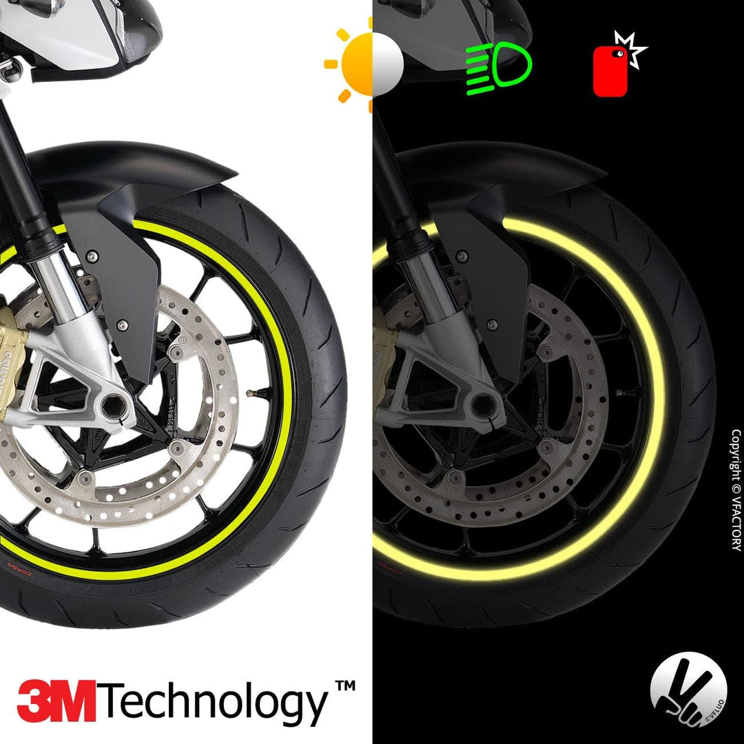 VFLUO - Kit Reflektierende Felgenrandaufkleber Motorrad, Aufkleber für 1 Rad 3M™-Technologie™, 360°-
