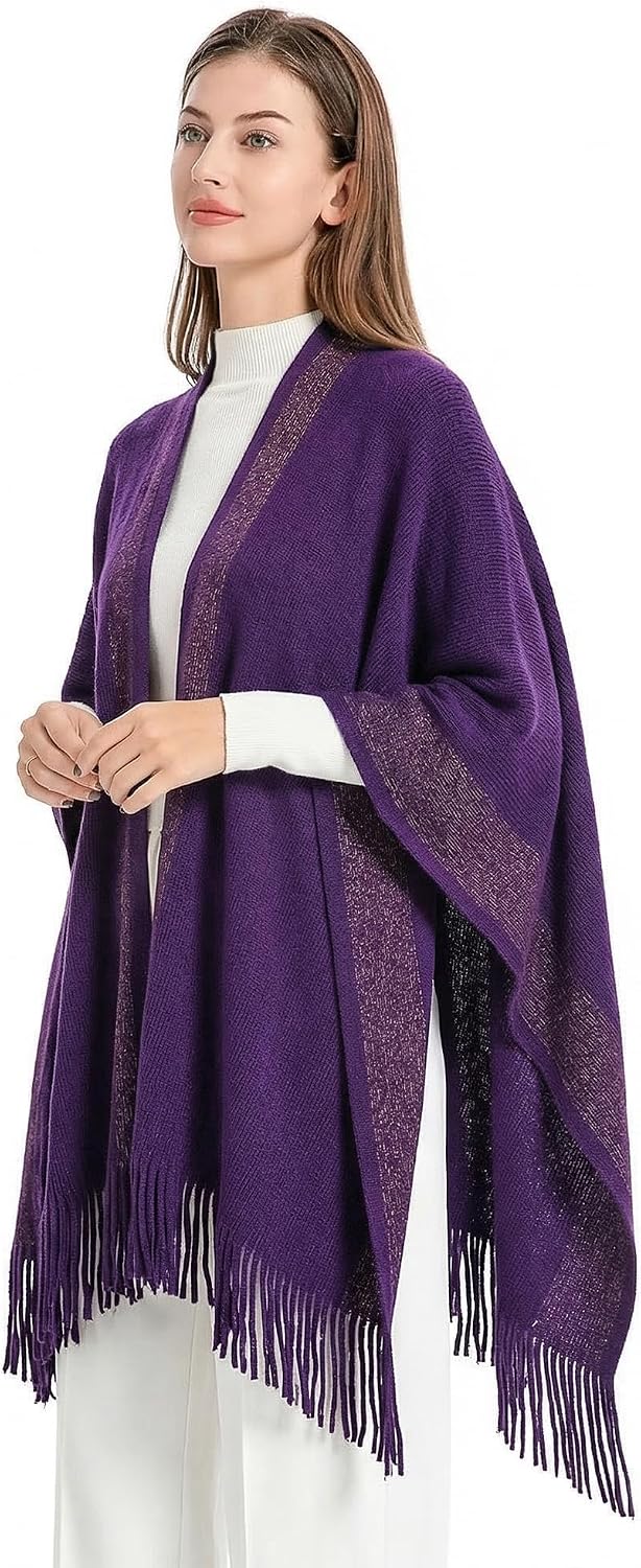 ZLYC Damen Weiche Schlichte Poncho Capes Retro Cardigans Pullover Violett, Violett