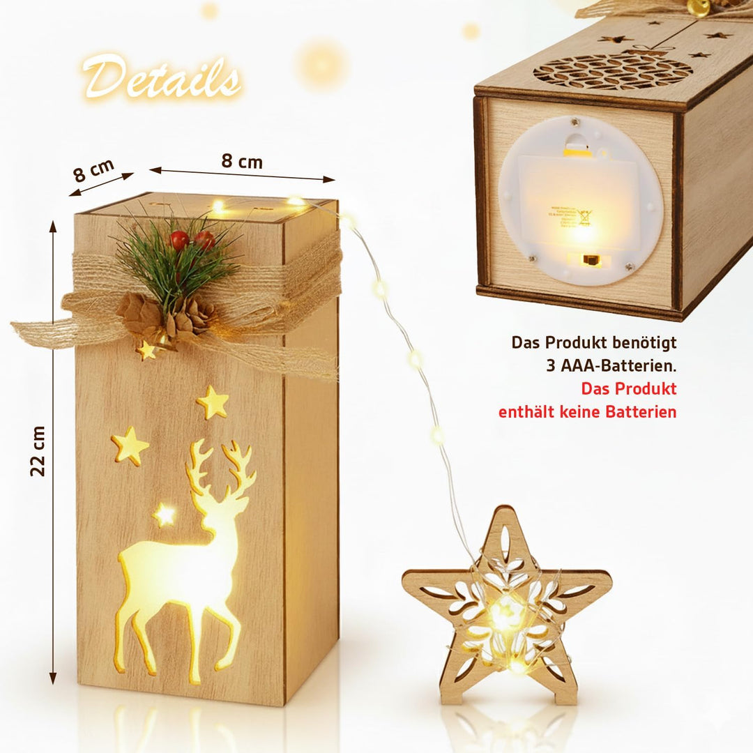 Holz Weihnachtsdeko mit LED Licht I 2er Set beleuchtete Holzdeko Weihnachten mit Elch &amp; Stern I Weih