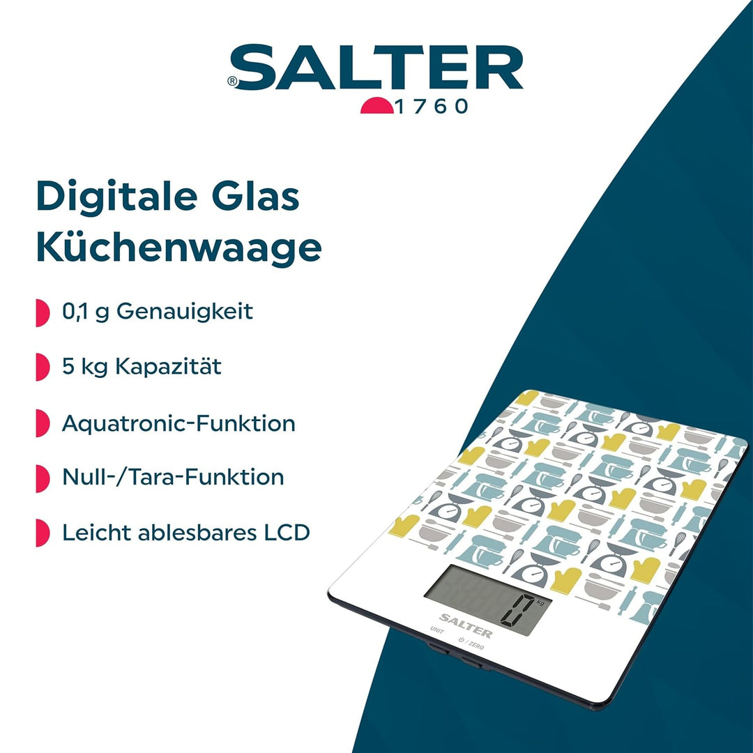 Salter 1102 GNBLDR Digitale Küchenwaage - Max 5kg, Null-/Tare-Funktion, Schlanke Glasplattform, LCD-
