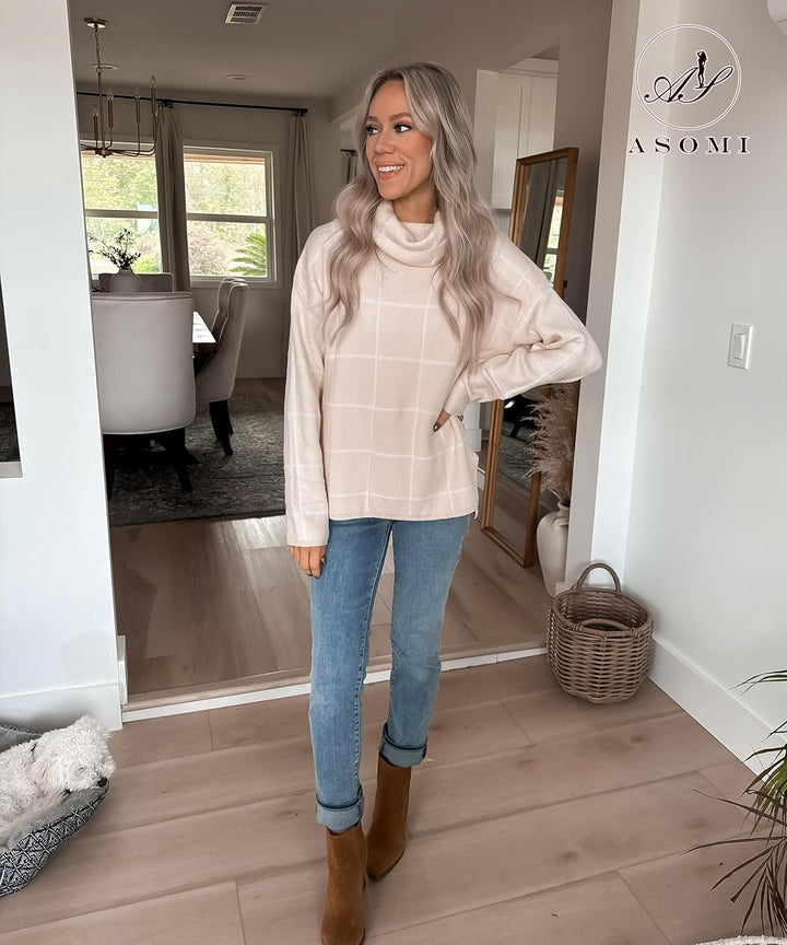 ASOMI Strickpullover Damen Gestreift Kariert: Elegant Rollkragen Pullover Winterpullover Warm Herbst