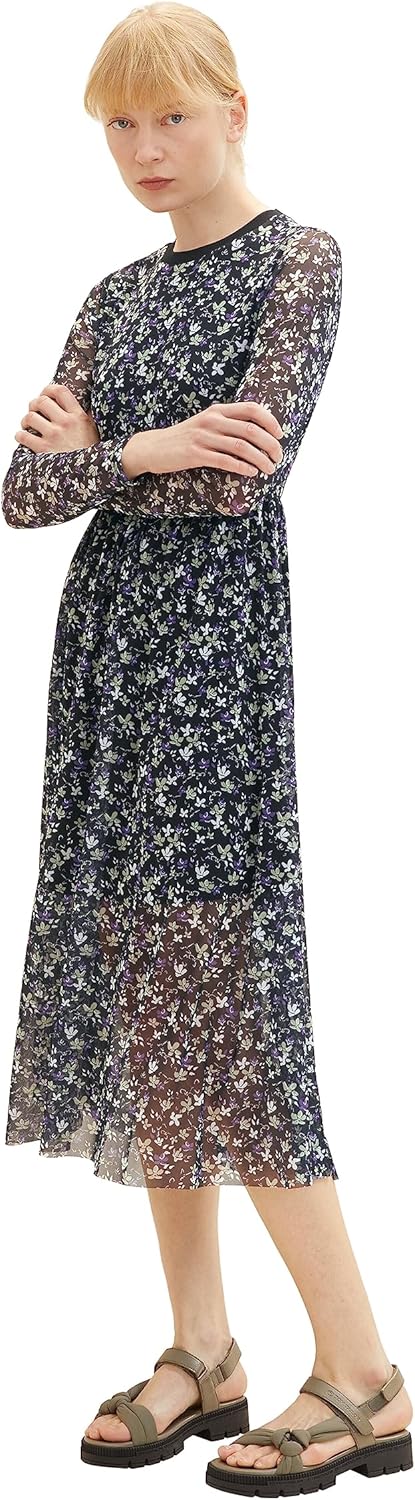 TOM TAILOR Denim Damen Denim Mesh Kleid mit Muster L 34262-black Flower Print, L 34262-black Flower